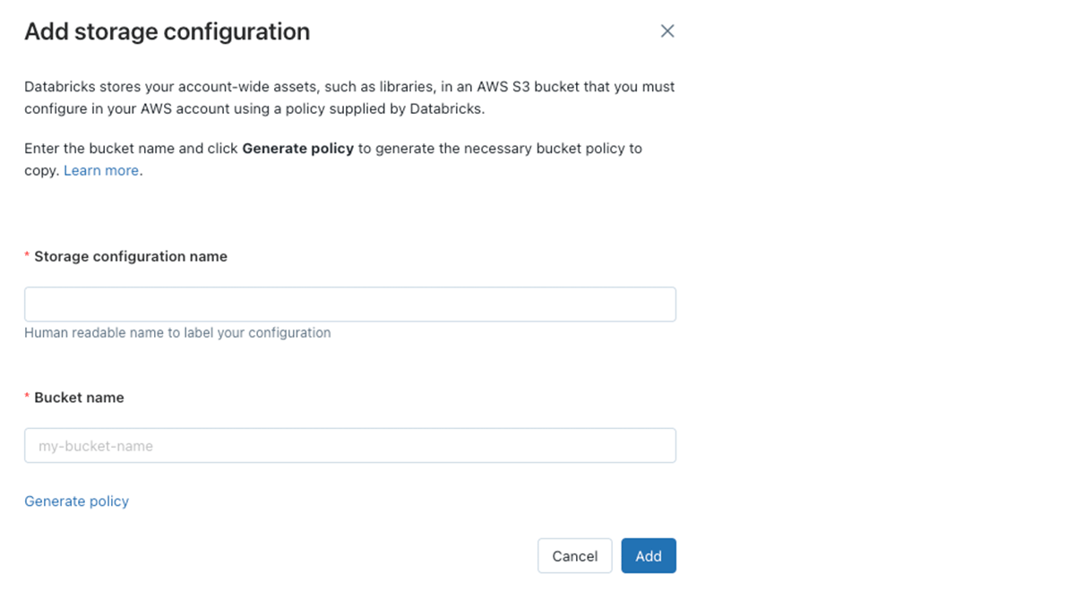 Databricks Account console view of adding an workspace root bucket