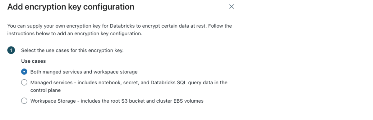 Databricks Account console compressed view of adding encryption key configurations