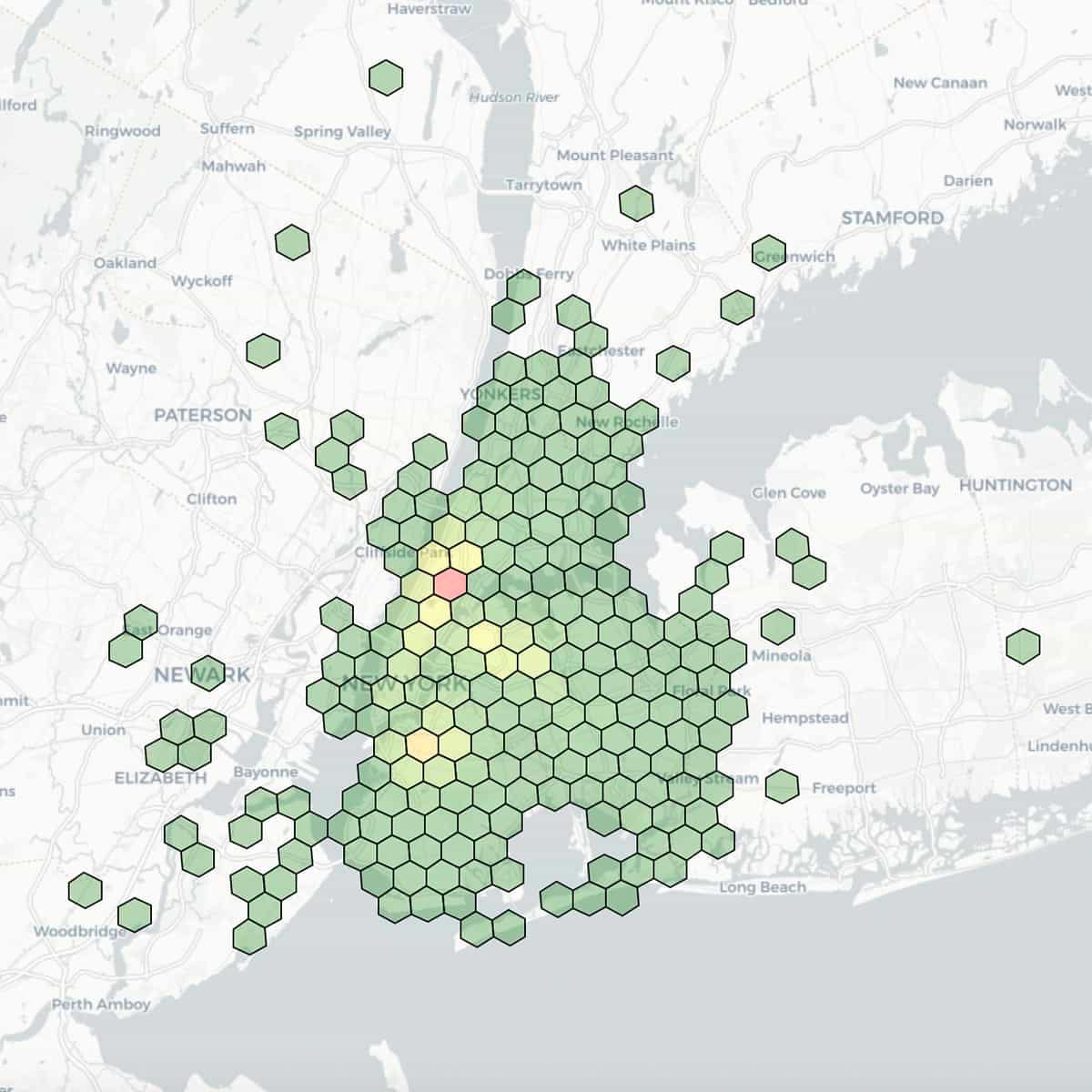 This is a geospatial visualization of taxi dropoff locations in New York City with cell colors indicating aggregated counts therein.