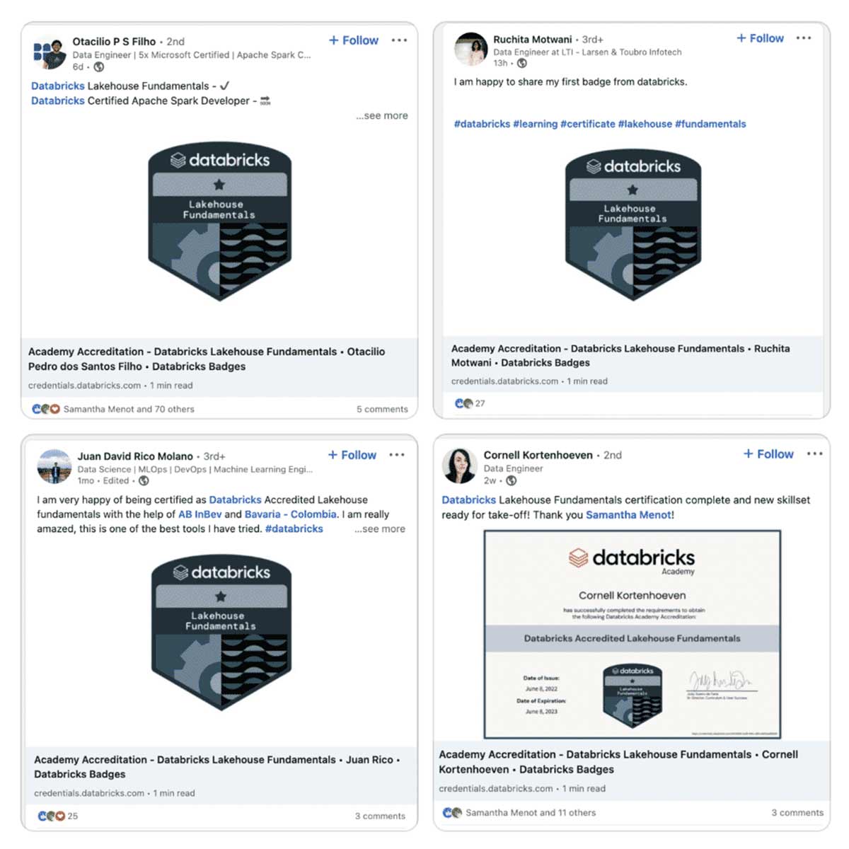 Lakehouse Fundamentals' badges on LinkedIn