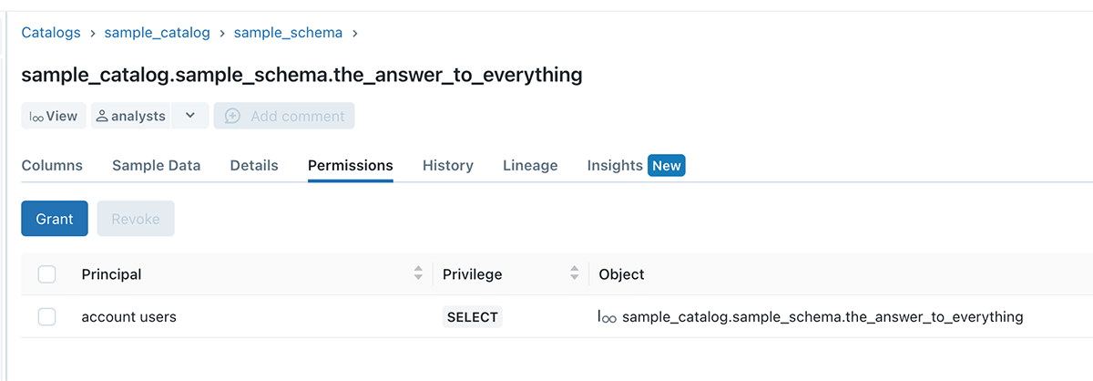 Permission page showing a view owned by analysts group, and account users group having SELECT permission