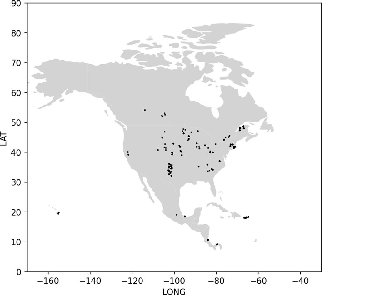 Initial plot of data on North American continent