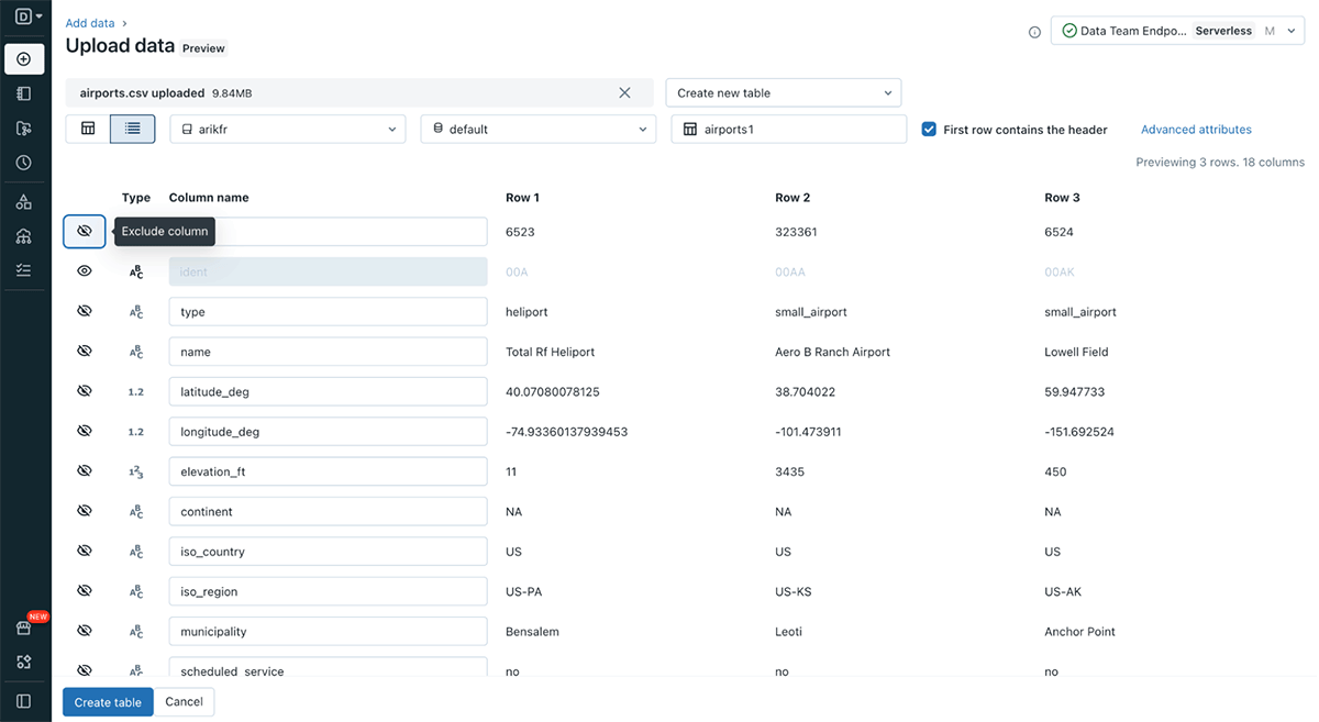 Vertical data preview and excluding columns