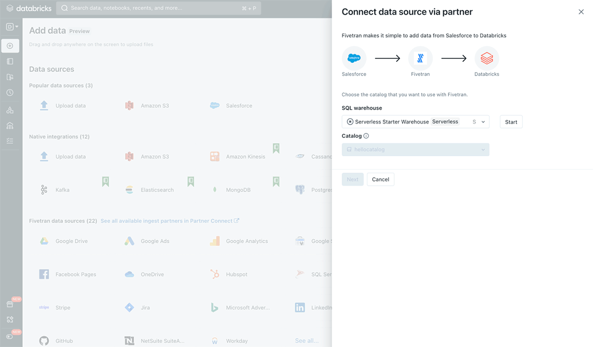 Partner Connect Fivetran Connection from the Add data UI