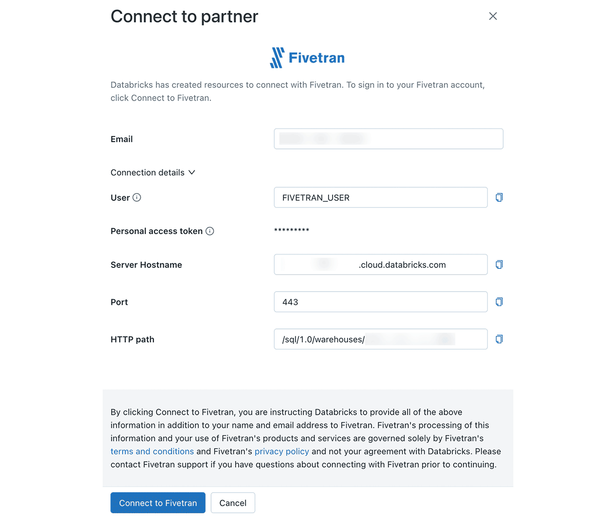 Figure 3 - Databricks Partner Connect interface for creating a new connection.