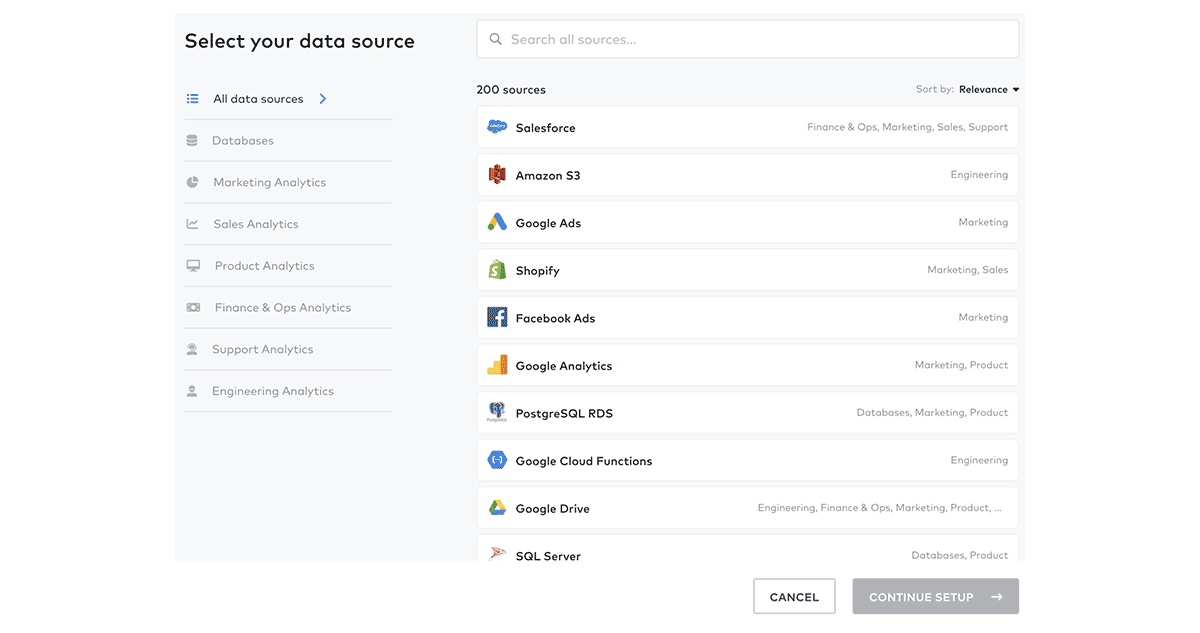 Figure 5 - Fivetran interface for selecting a data source type.