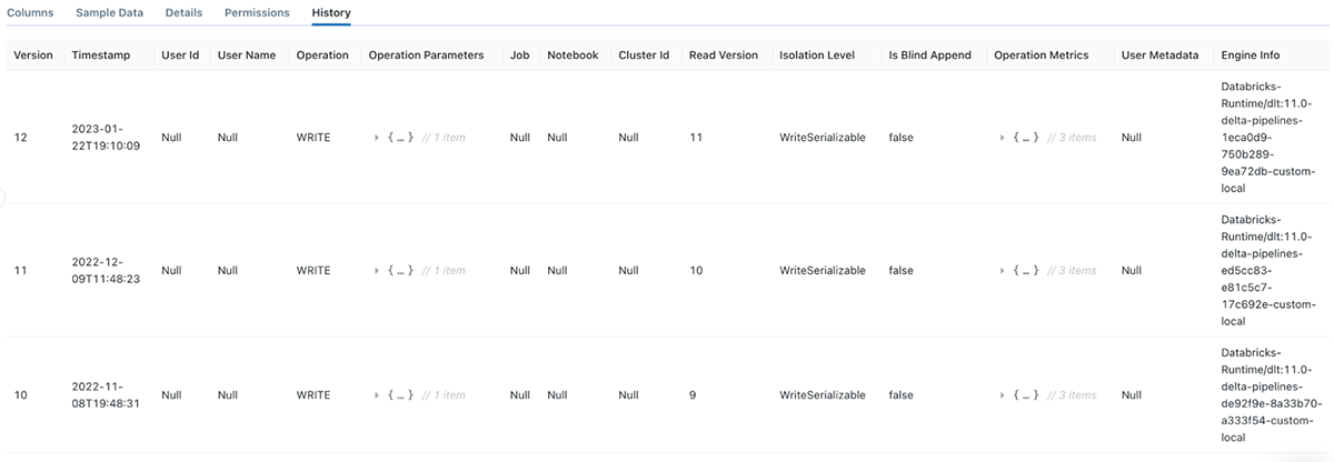 Figure 12 - View the history of changes made to a resulting Delta Live Tables (DLT) table entity.