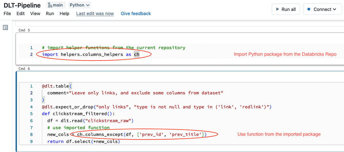 Figure: Using functions from the Python package in the DLT code