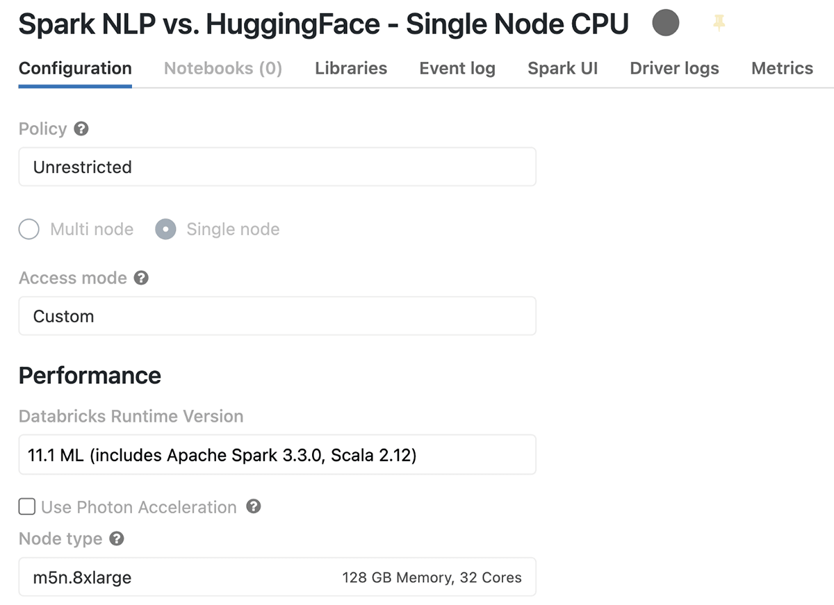 Databricks single-node cluster — CPU runtime