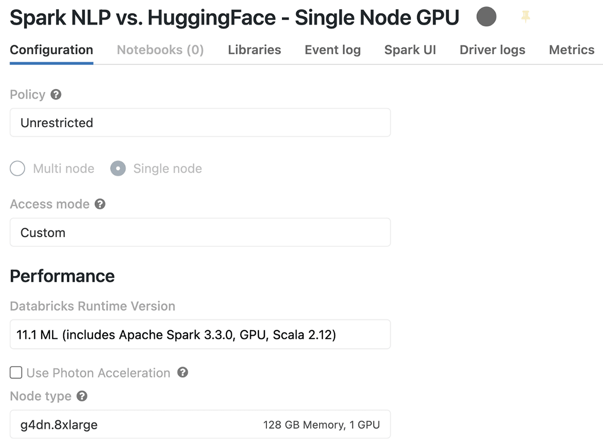 Databricks single-node cluster — GPU runtime