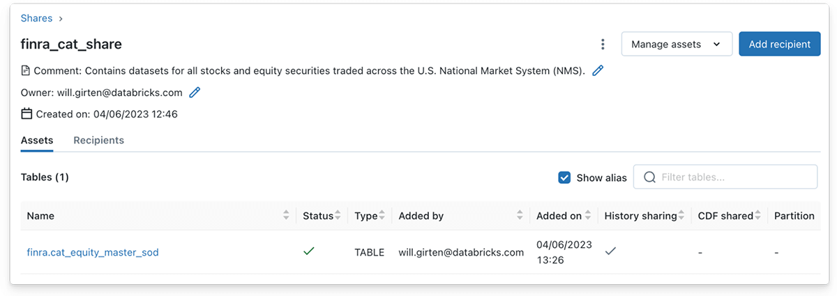 Fig. 1.3 - A Delta Sharing provider can add a streaming table to a Delta Share just like a typical Delta table.