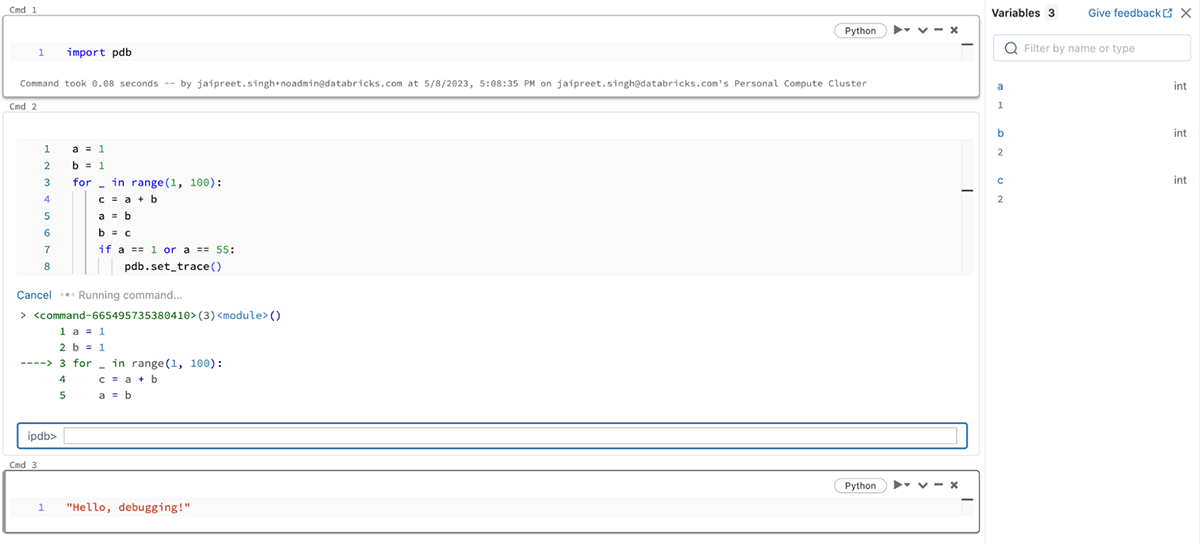 You can view the state of the notebook's variables when paused at a breakpoint