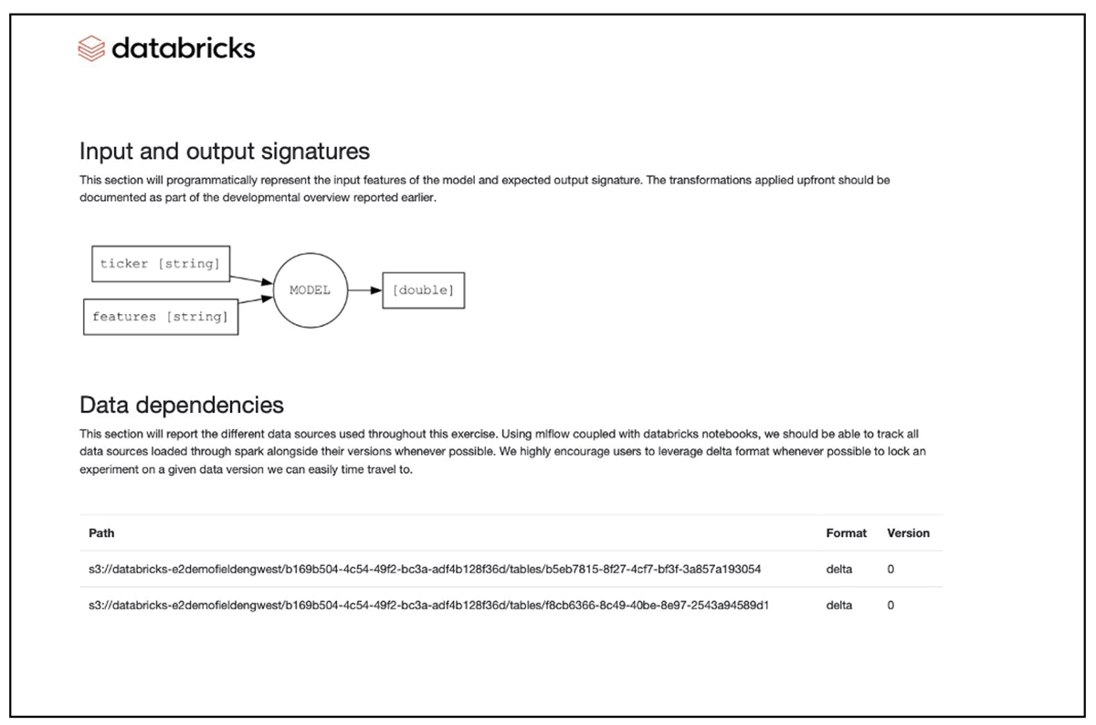 Example of model documentation reporting data dependencies