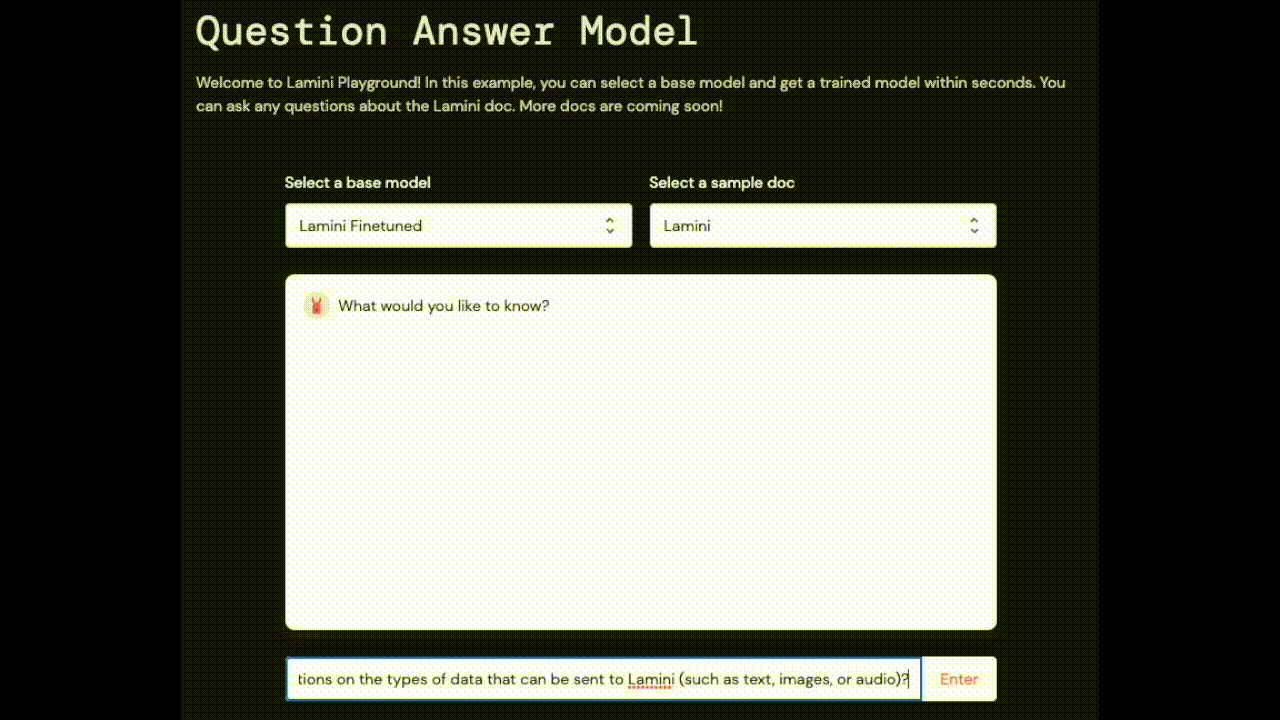 Play with this LLM trained on Lamini documentation, live now!