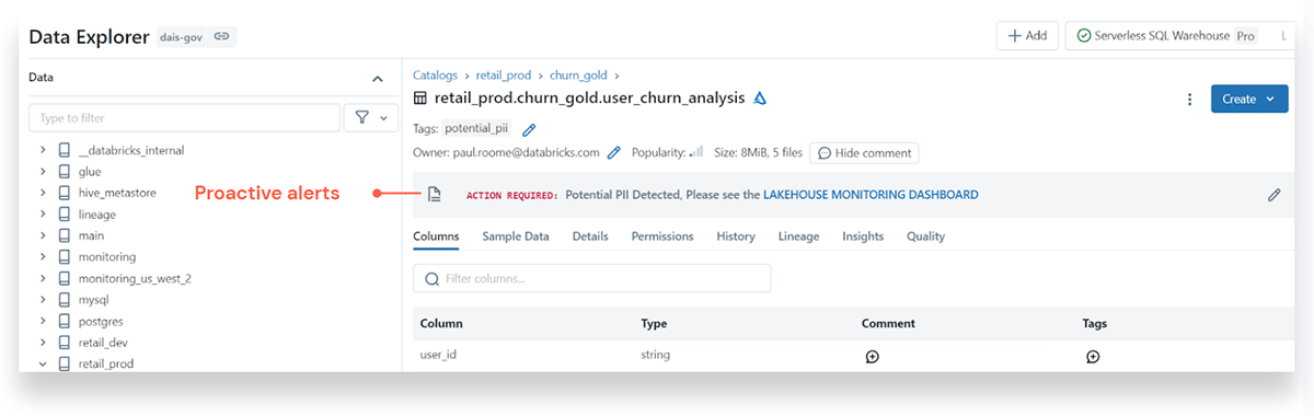 Proactive alerts in Unity Catalog