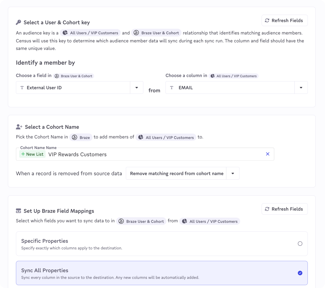 Figure 3. Using Census to sync the VIP Customer audience from Databricks (source) to Braze, a marketing automation tool for targeted email delivery.