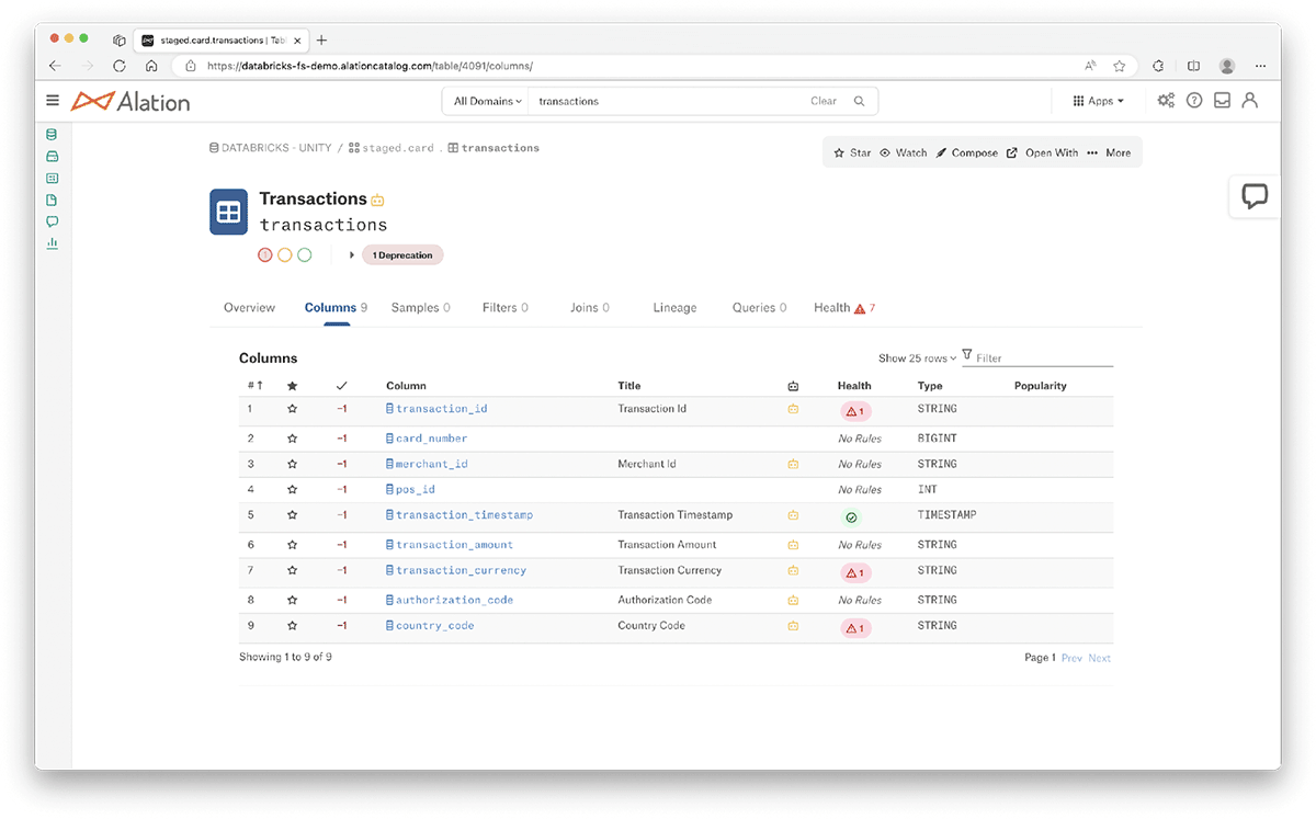 Example table view in Alation