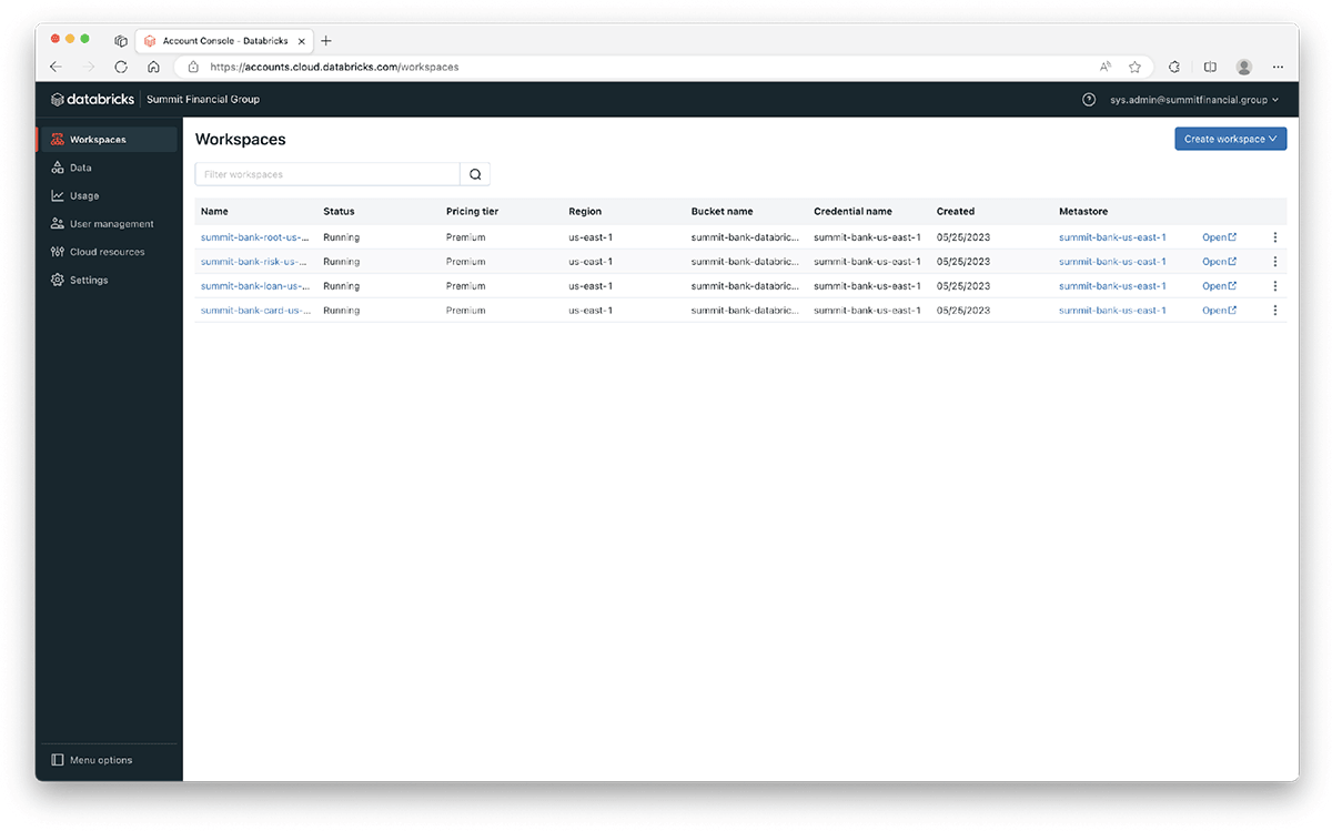 Databricks Workspace overview for the Summit Financial Group