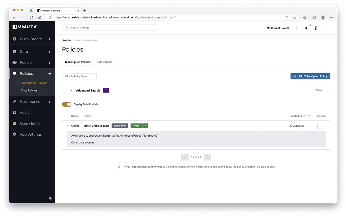 Overview of subscription-level policies defined in Immuta