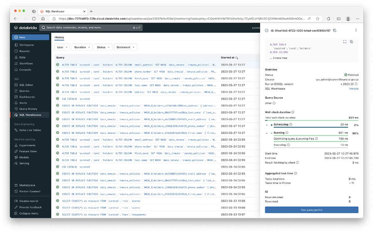 Example query history for Immuta-defined policies in Unity Catalog