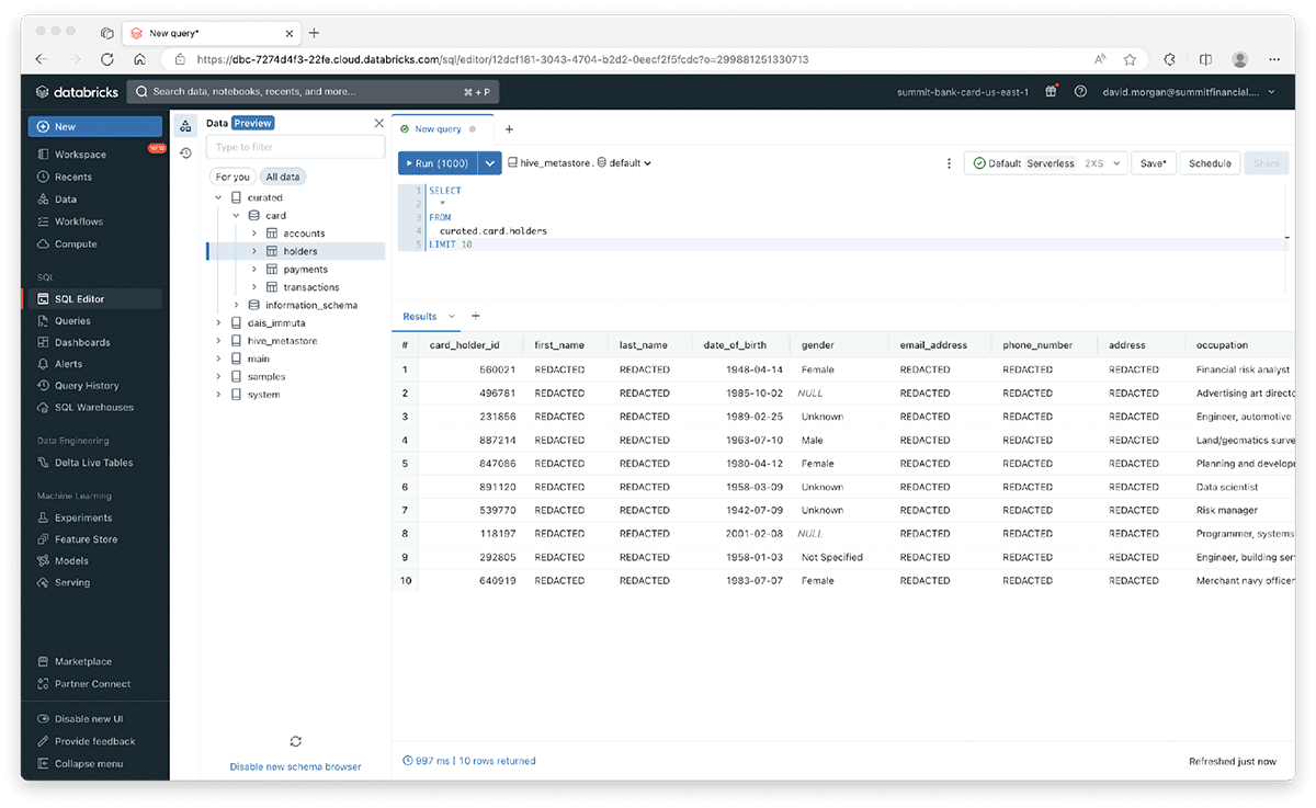 Updated user view with limited visibility following Immuta policy restrictions