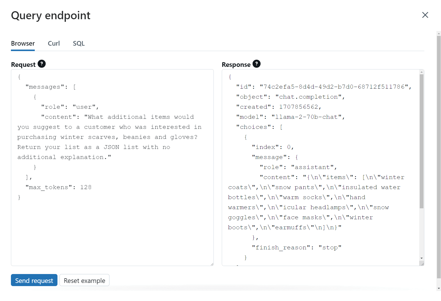 図1. Llama2-70b LLMが提案する冬のマフラー、ビーニー、ミトンの追加アイテム