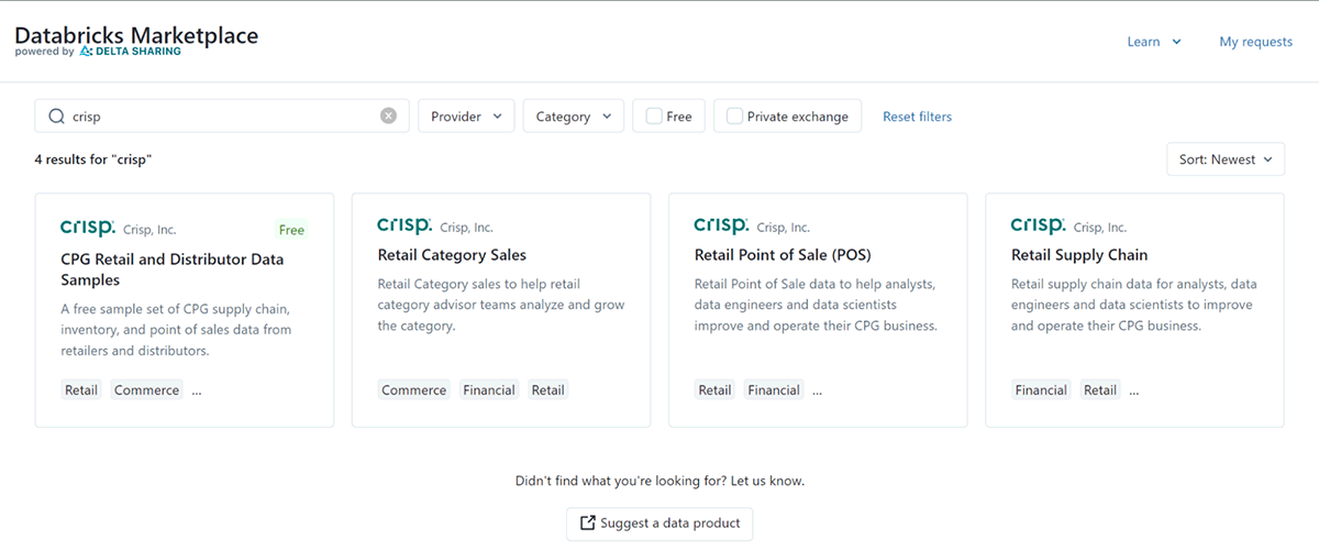 The Crisp data offerings currently available through the Databricks Marketplace