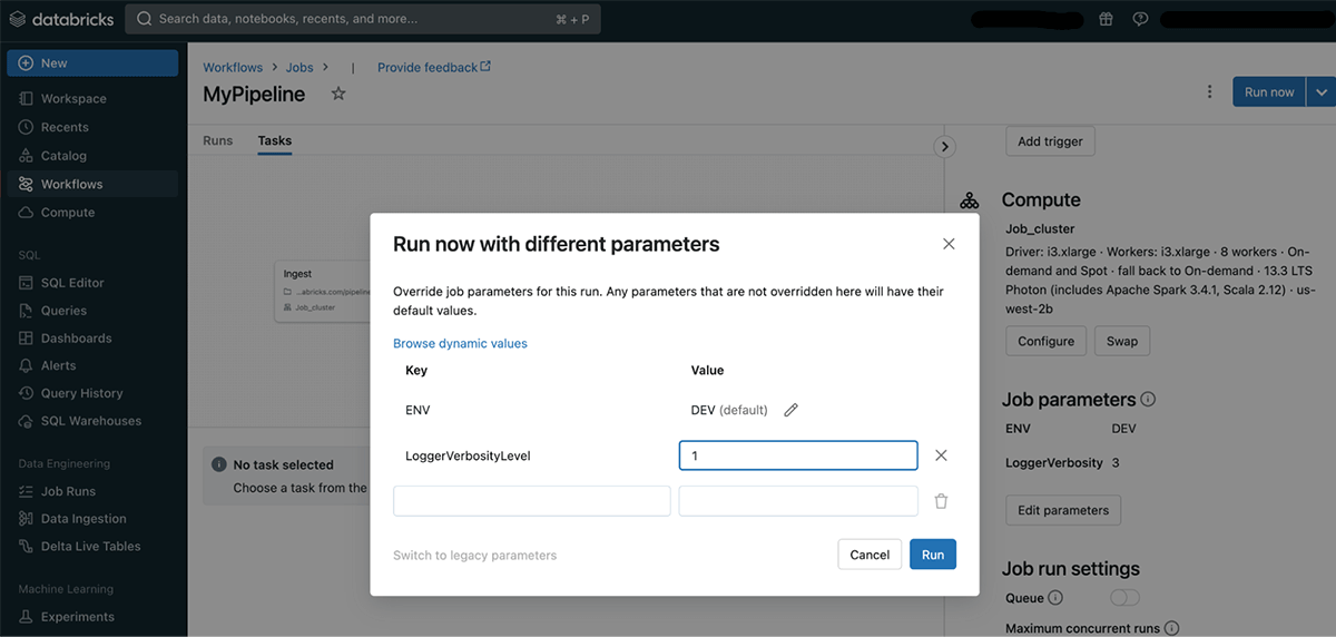 Run now with different parameters