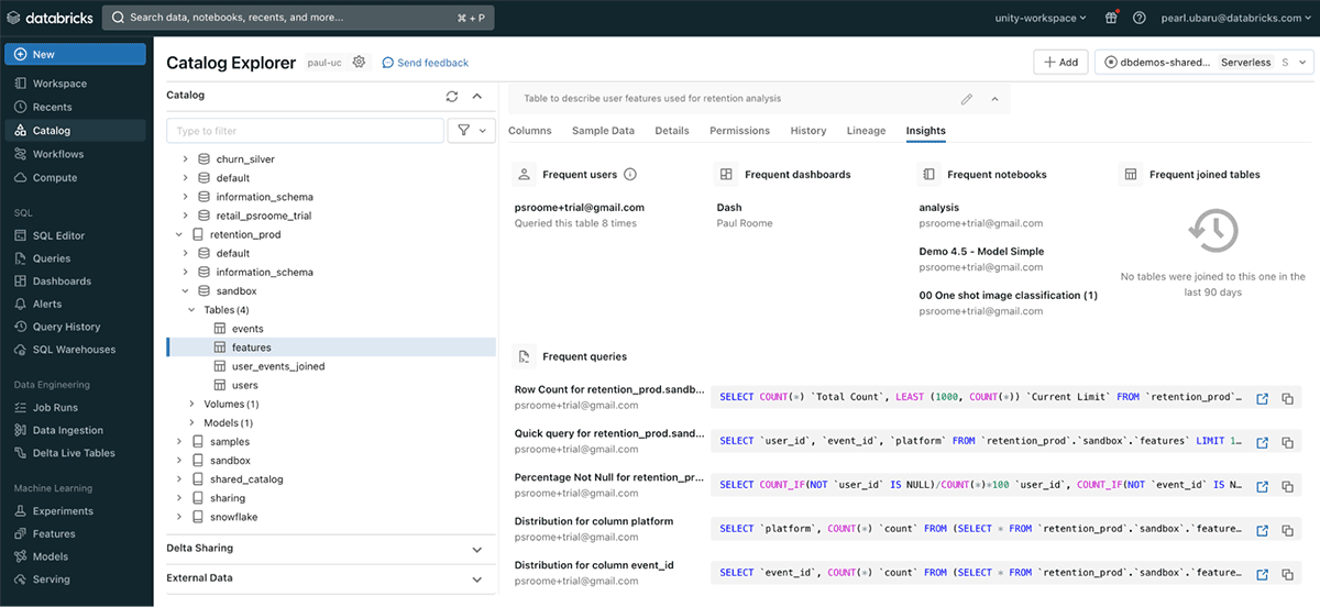 Metadata tagging insights: details on the "features" table