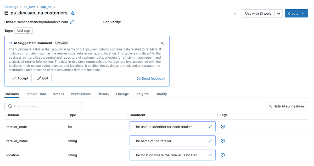 Databricks Assistant uses GenAI to write context-aware descriptions of columns and tables.