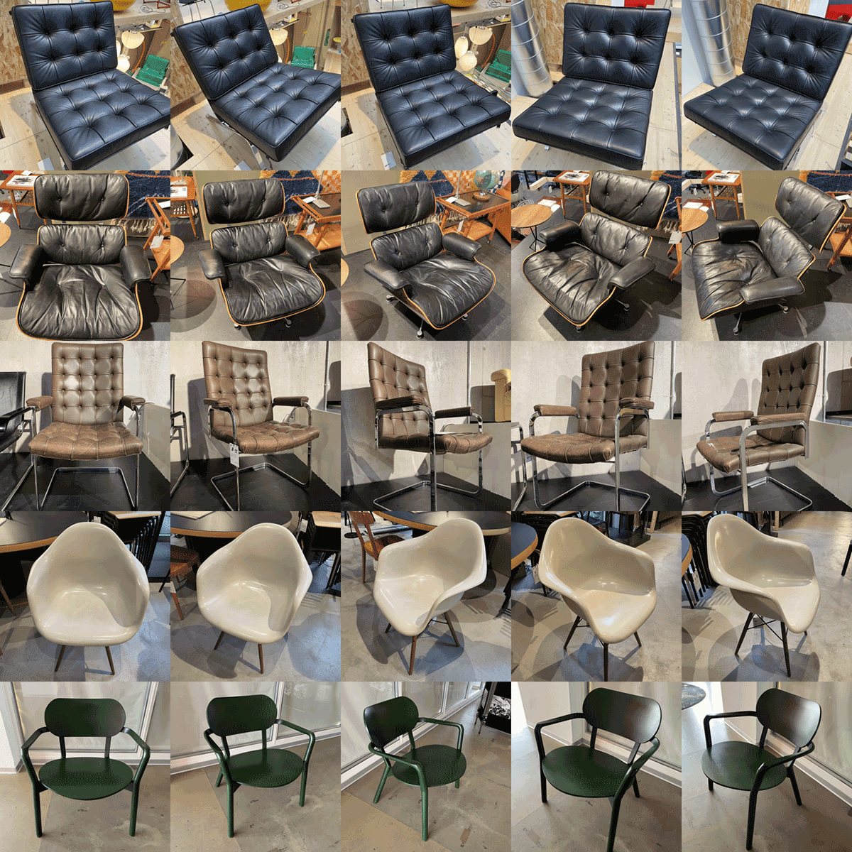 <b>図 1.</b>サンプル家具デザイン会社が製作した椅子の中核となる�デザインの美学を表現した5種類の椅子の画像。