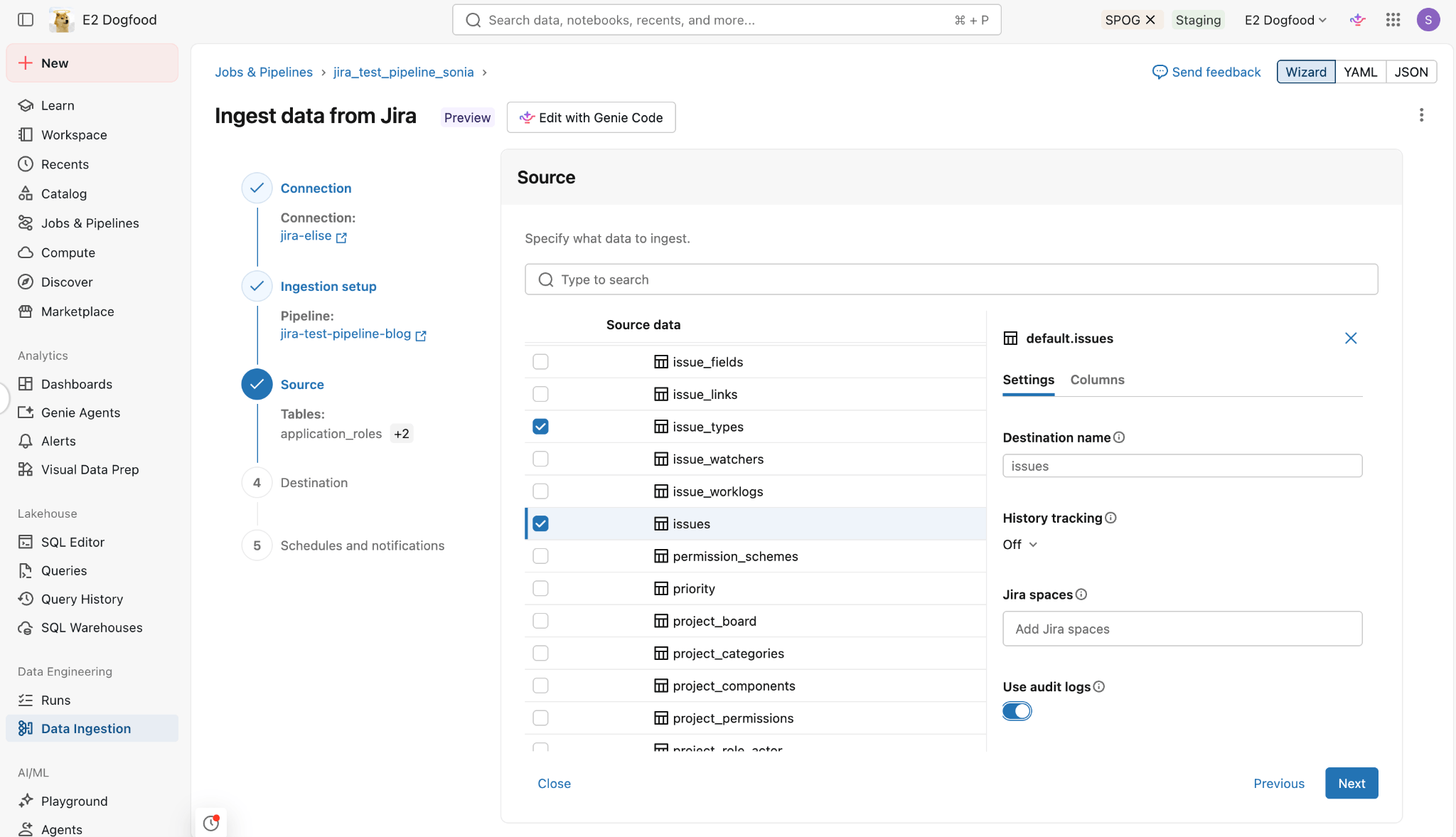 Screenshot of Jira connector from Lakeflow Connect