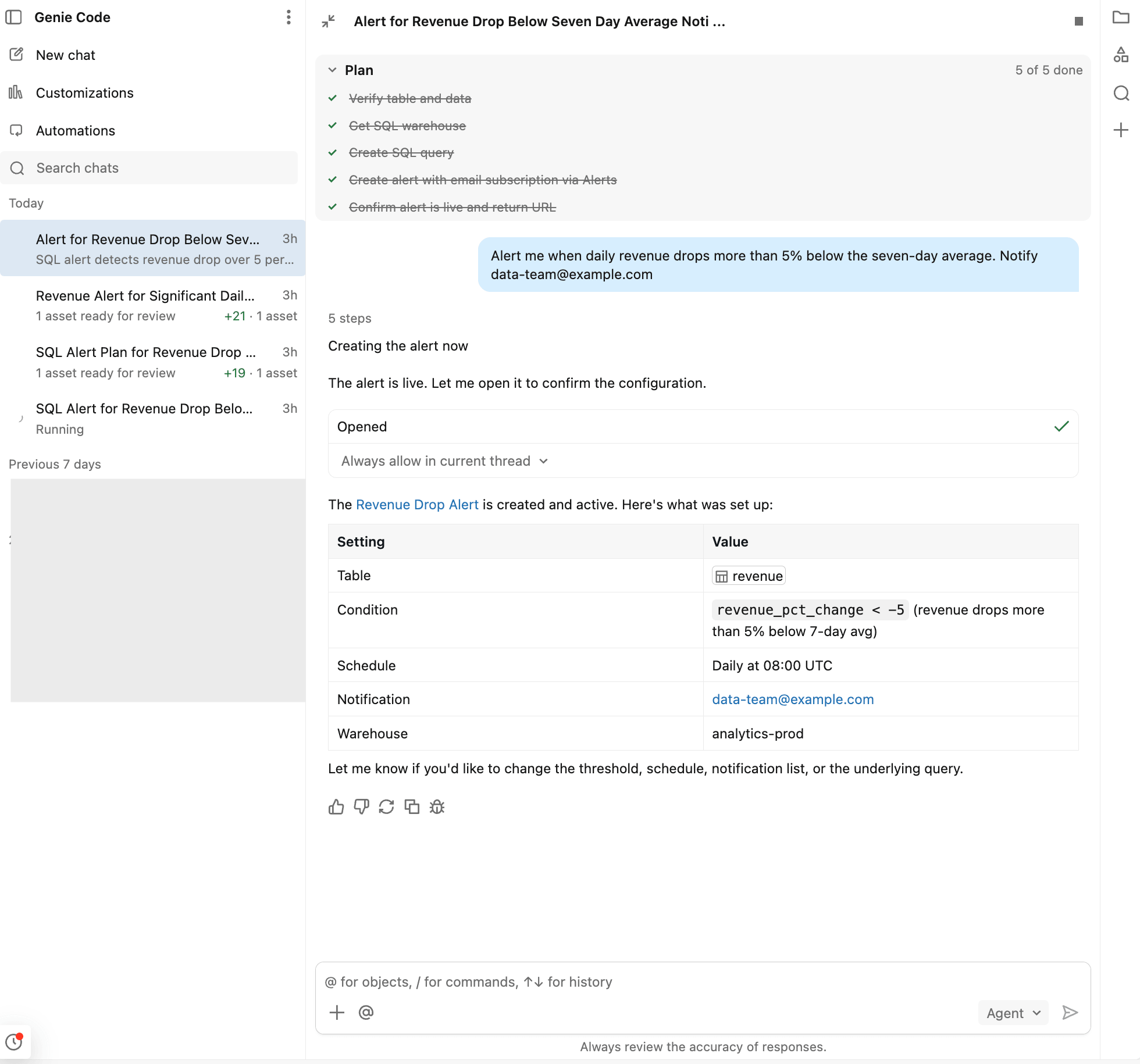Genie Code support for alerts