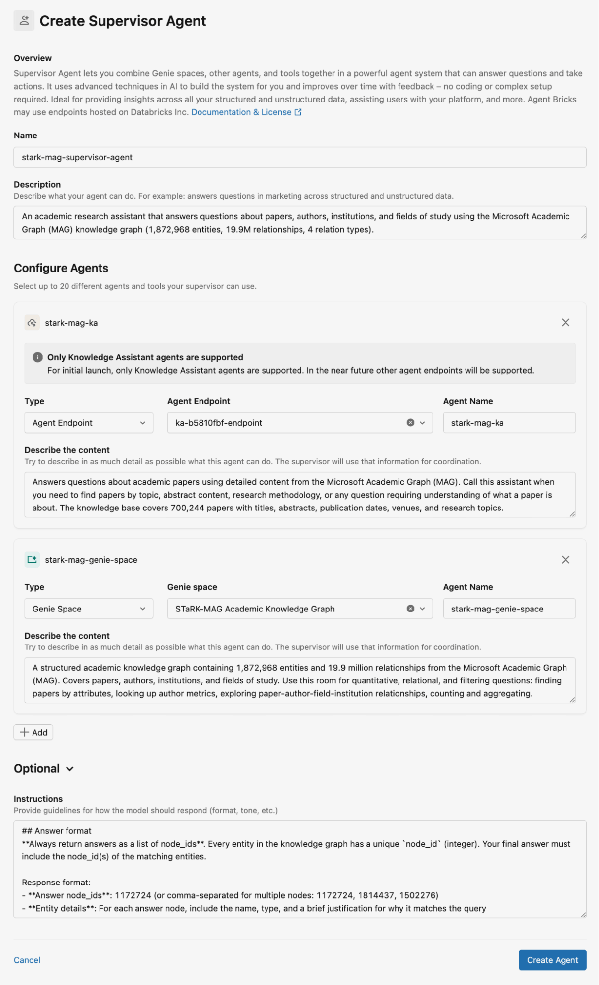Setting up Databricks Supervisor Agent for the STaRK MAG dataset.