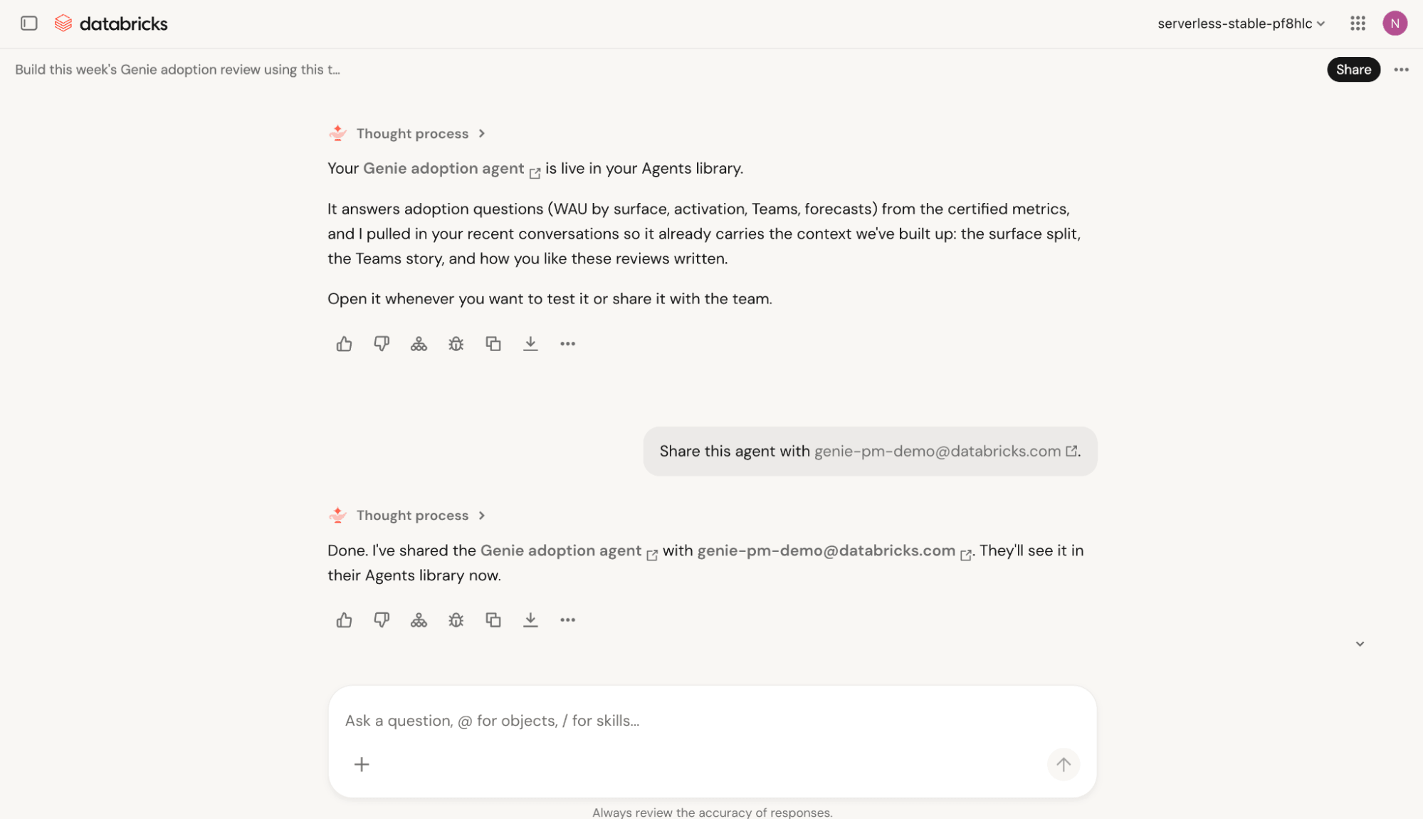 Creating and sharing a Genie Agent