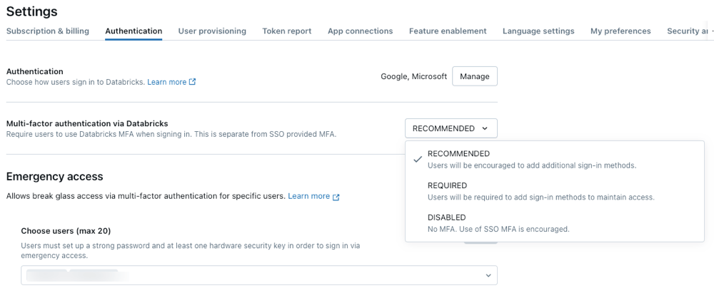 Databricks managed MFA UI