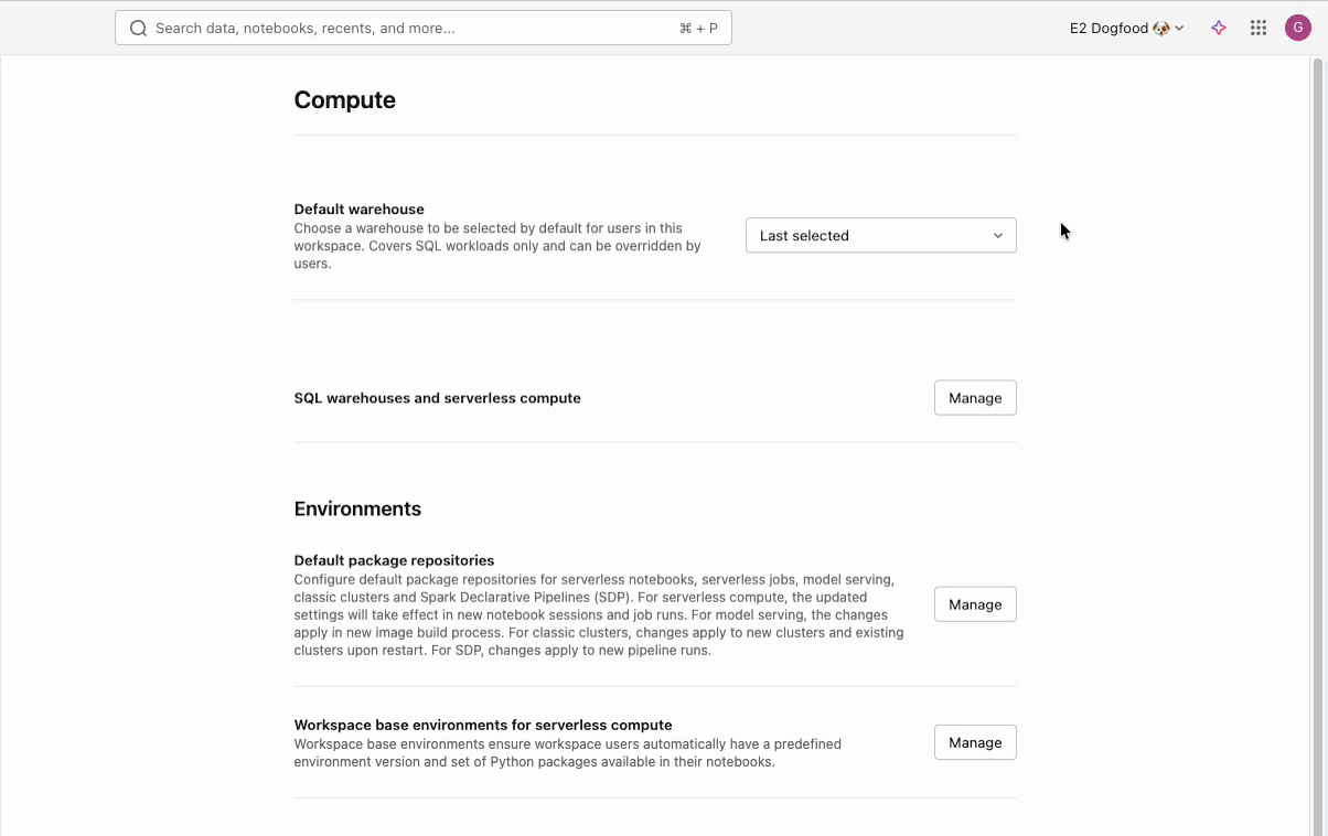 compute level default warehouse