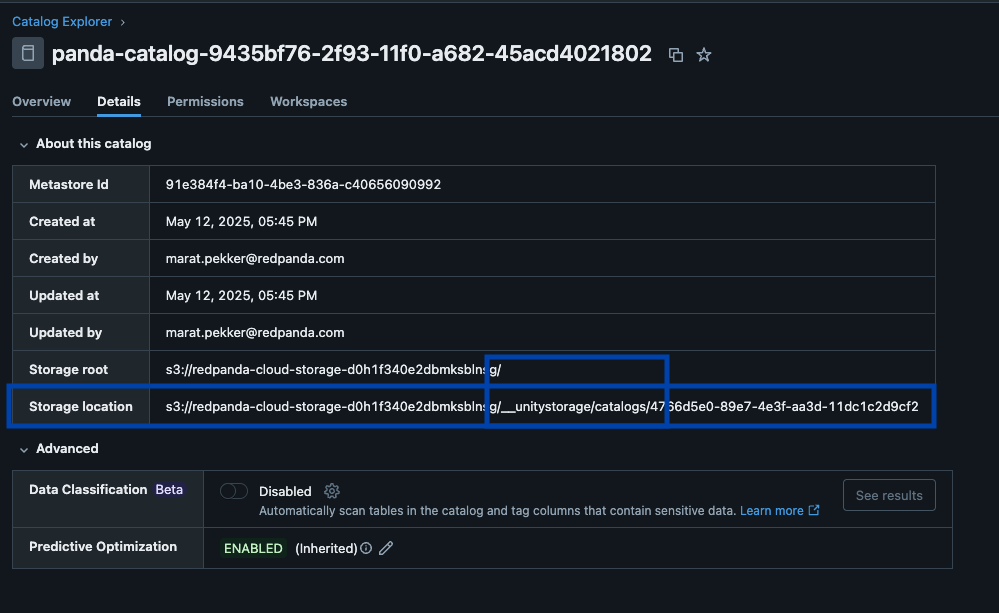 A Redpanda Iceberg catalog in Unity Catalog, with Predictive Optimization enabled