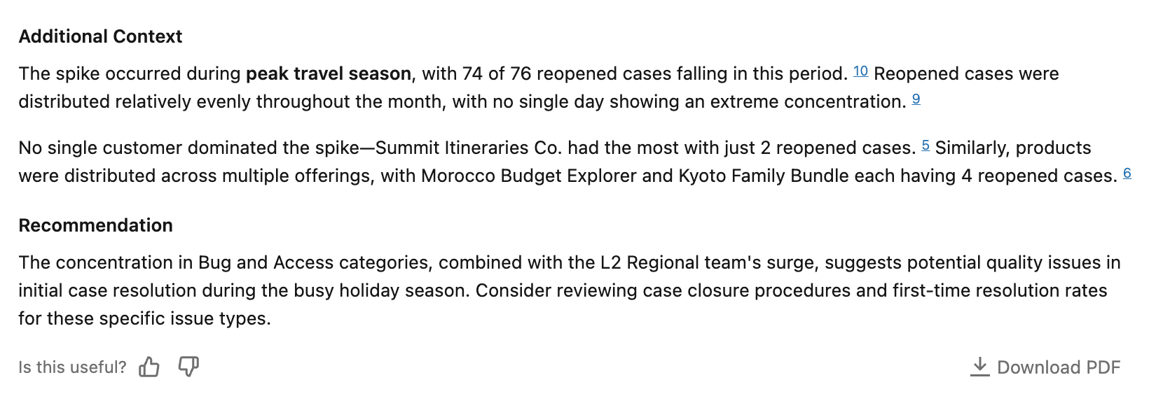 Genie Agent analysis conclusion with additional context and a recommendation to review case closure procedures.