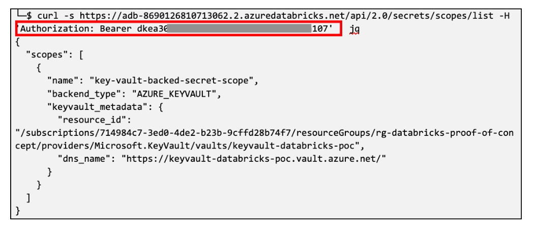 Taptured token could then be used to authenticate requests to the Databricks REST API.