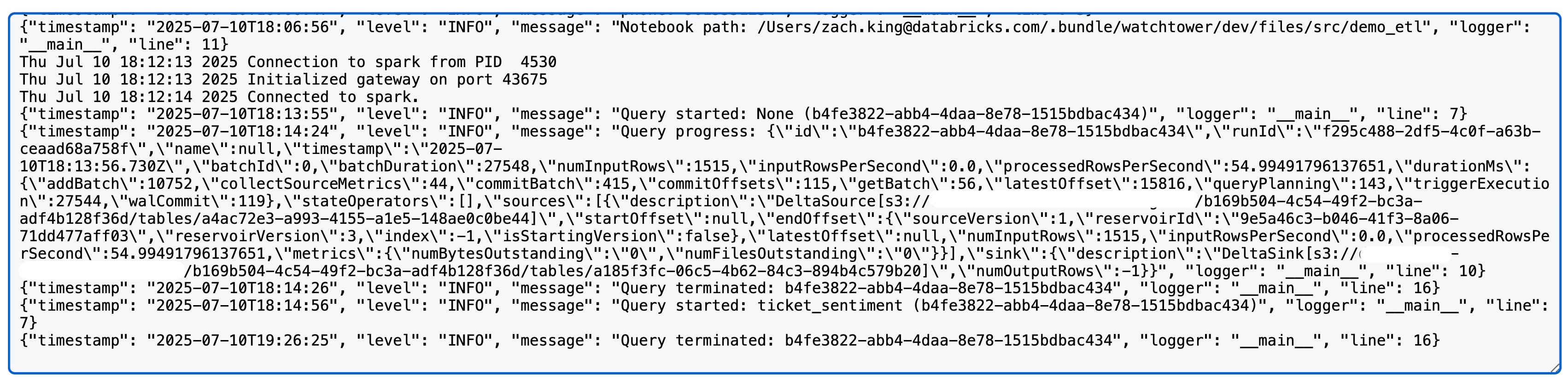 Application log showing timestamps and queries