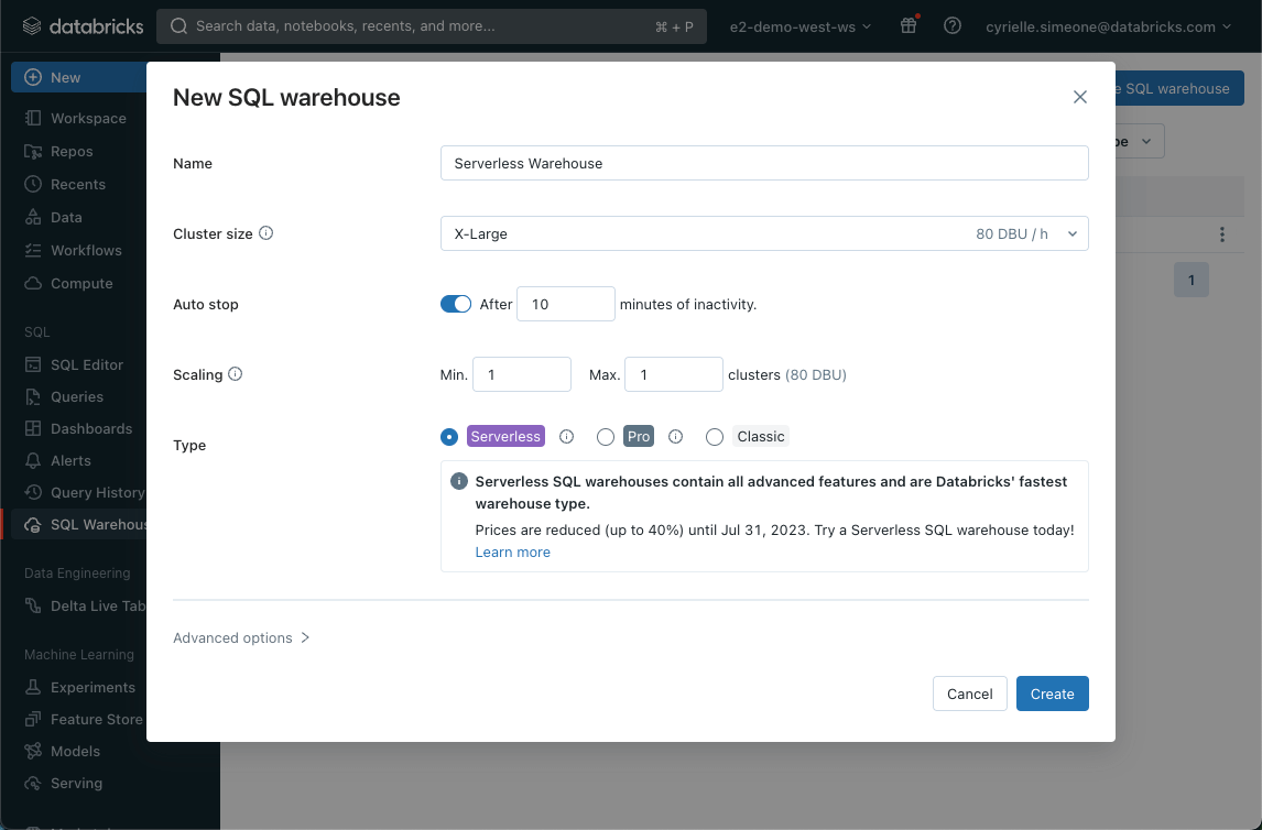 Creating a serverless SQL warehouse in Databricks SQL