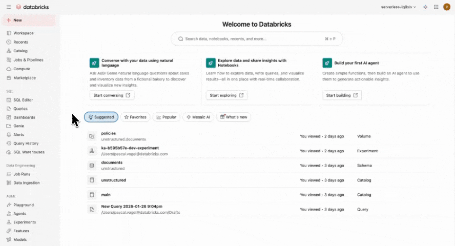 Databricks workspace UI