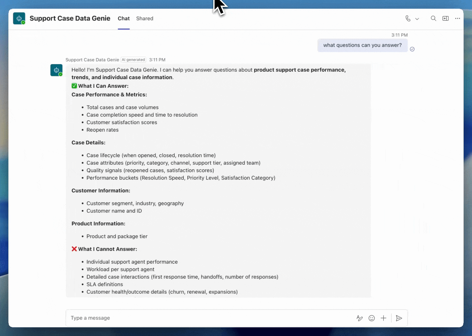 Microsoft Teams chat showing Genie responding with support case analytics capabilities.