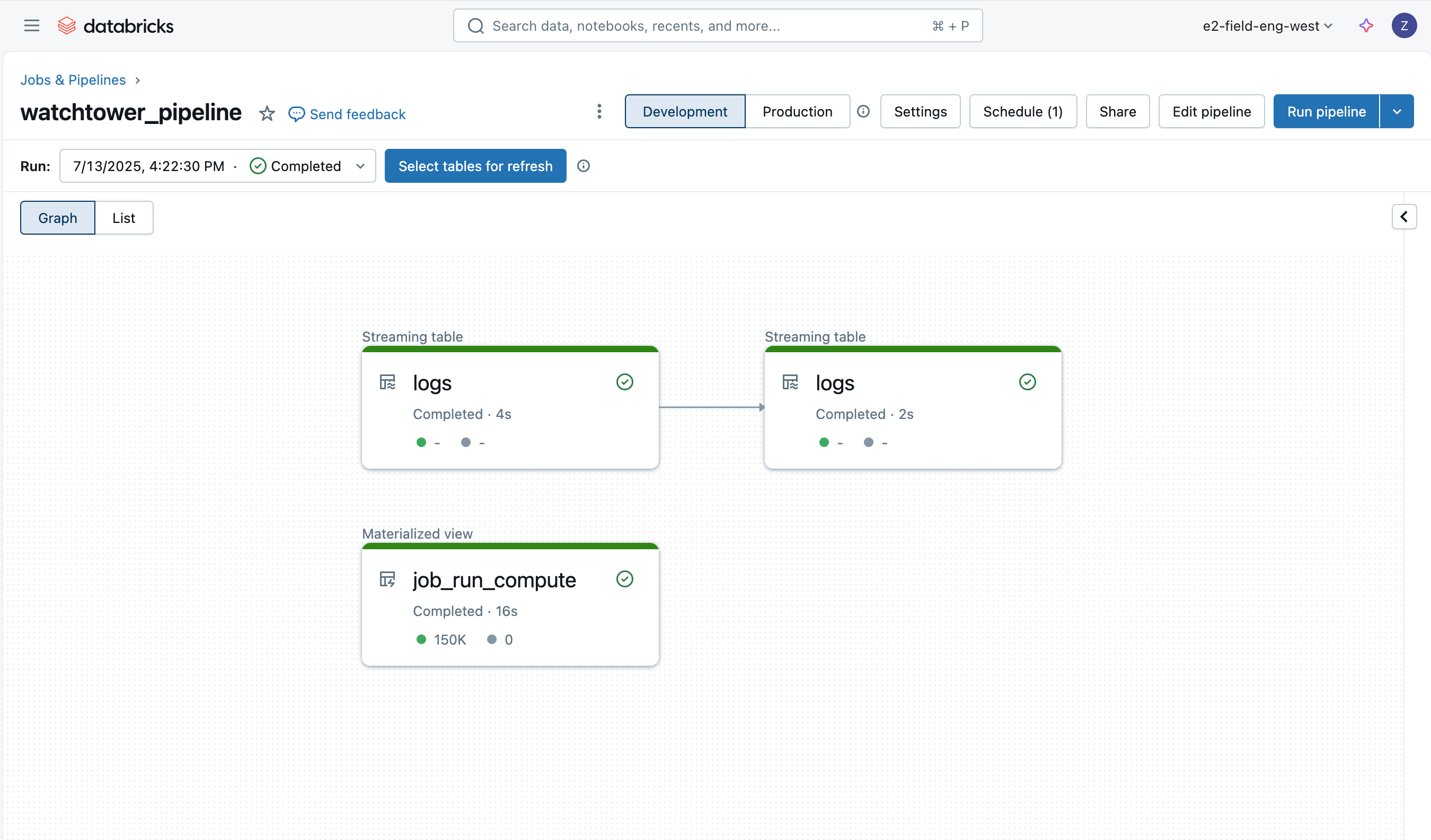 Databricks pipeline interface showing completed runs