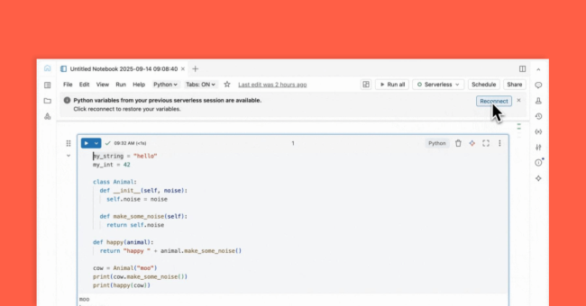 Restoring Spark and Python State in Serverless Notebooks