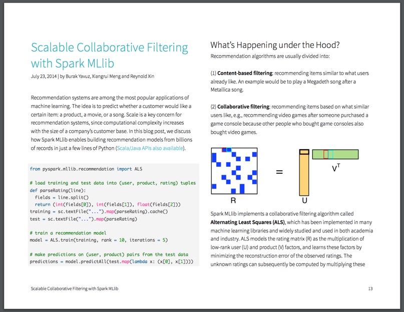 Screenshot from the Mastering Advanced Analytics with Apache Spark eBook