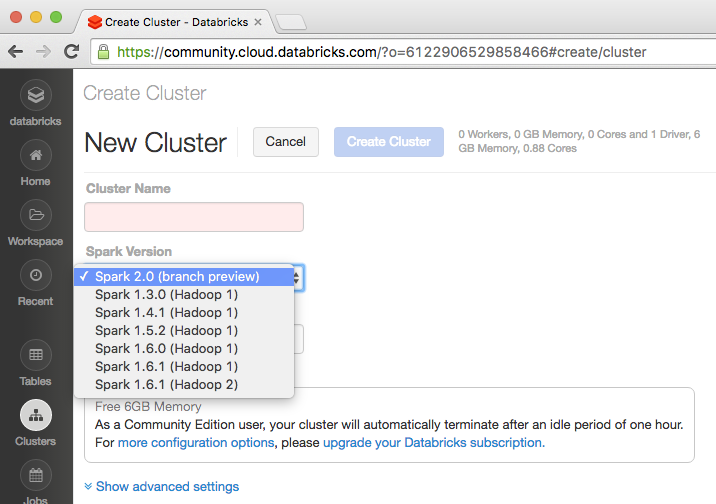 Screenshot of creating a new Apache Spark 2.0 Tech Preview Cluster workflow in Databricks