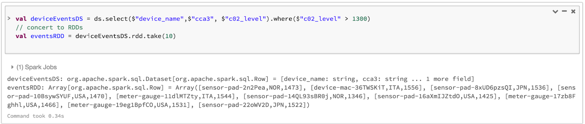 Screenshot of Spark converting a Dataset to an RDD in Databricks