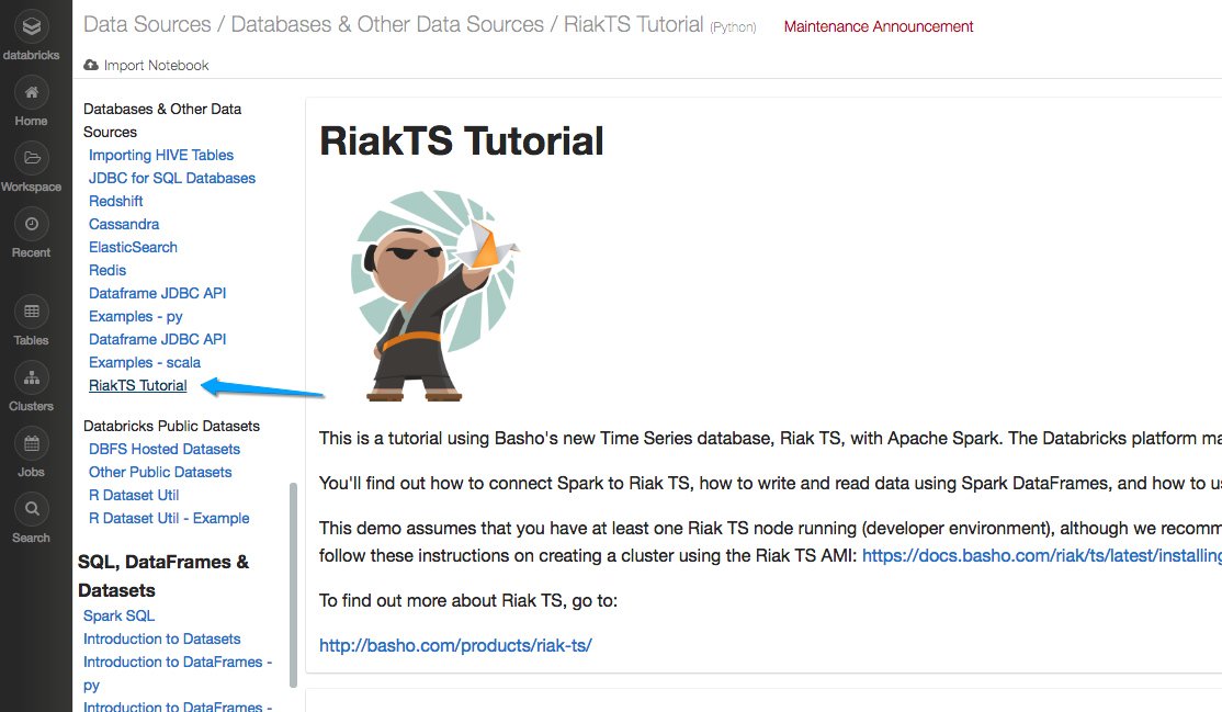 Screenshot of the RiakTS tutorial on Databricks